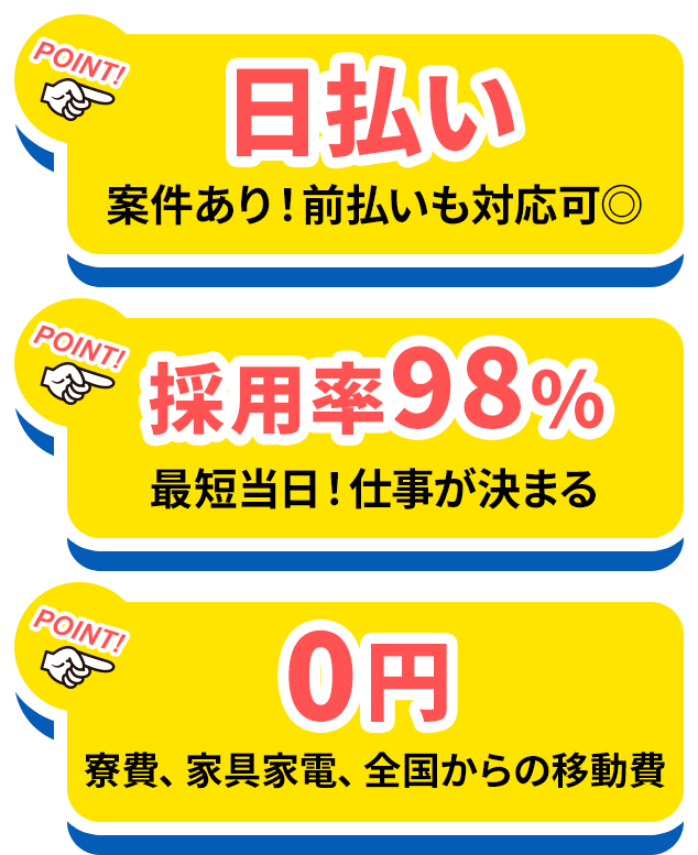 【Point1】日払い案件あり！前払いも対応可能　【Point2】採用率98%!最短当日仕事が決まる　【Point3】寮費、家具家電、全国からの移動費０円